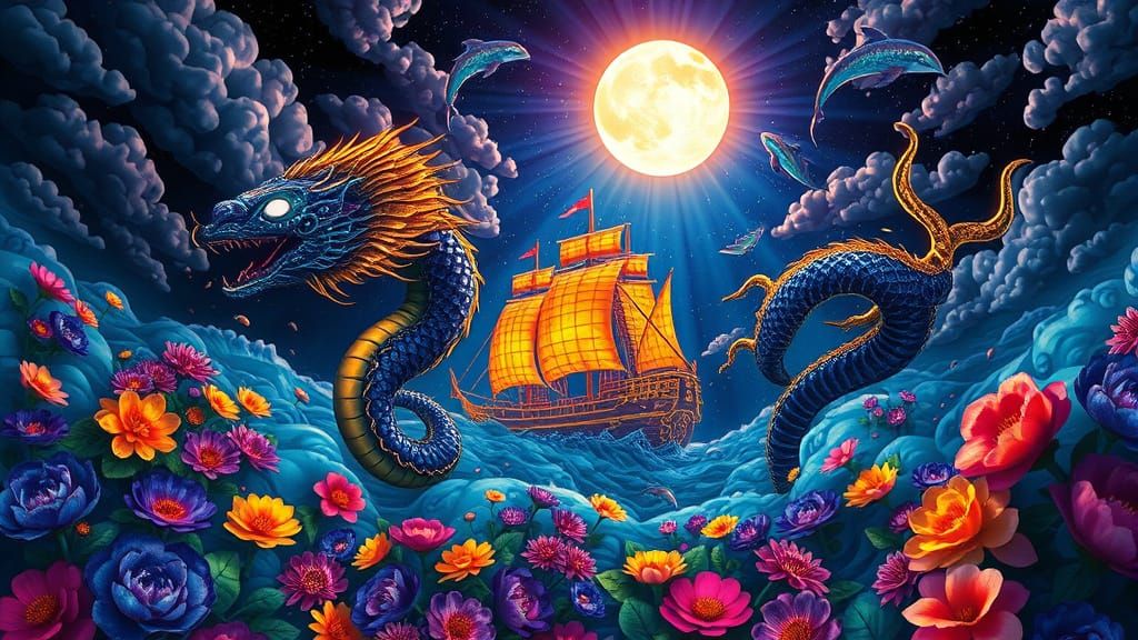 Neon Sea Serpent Amidst Cosmic Flowers and Ships