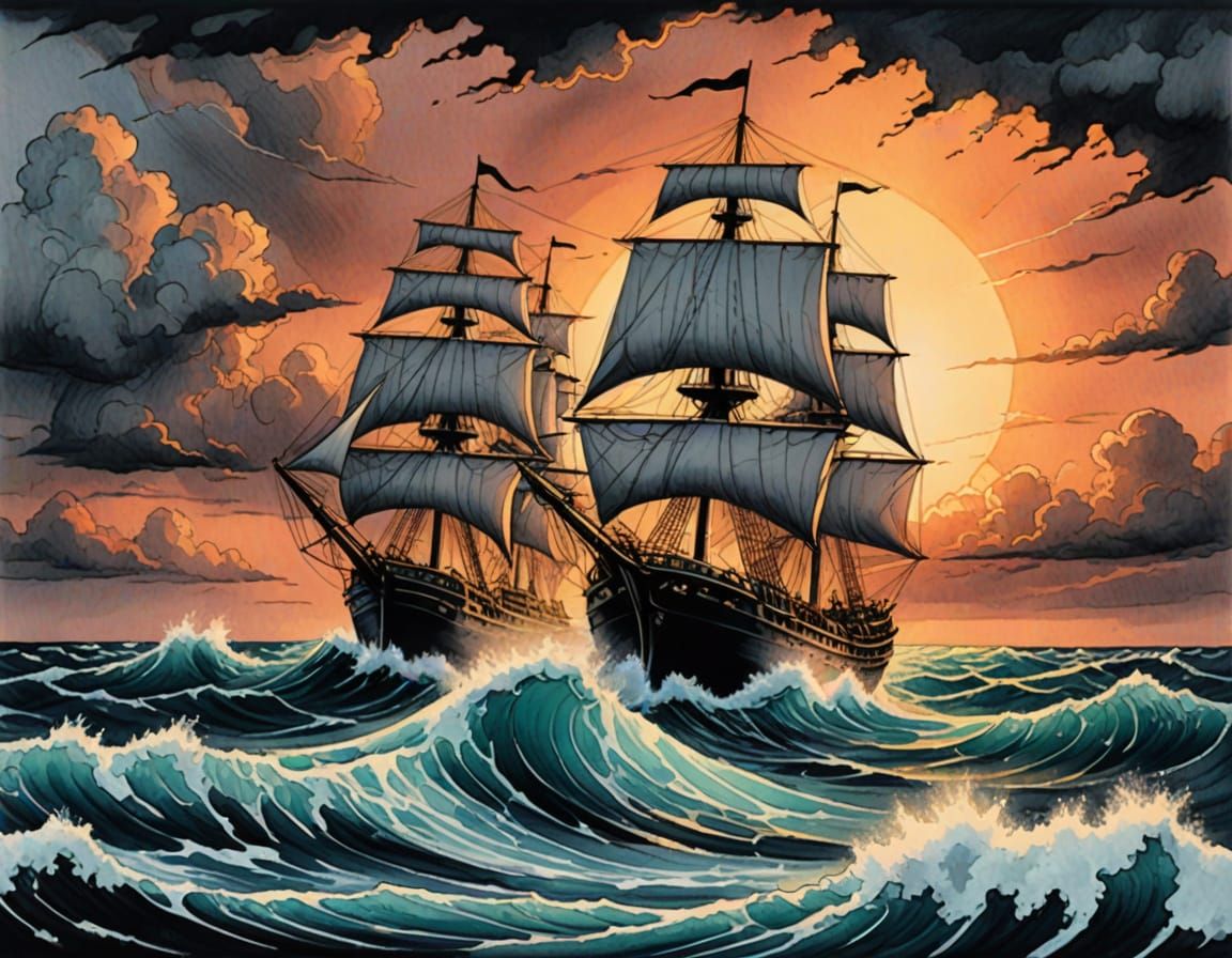 Ship on Stormy Sea with Sunset Lighting