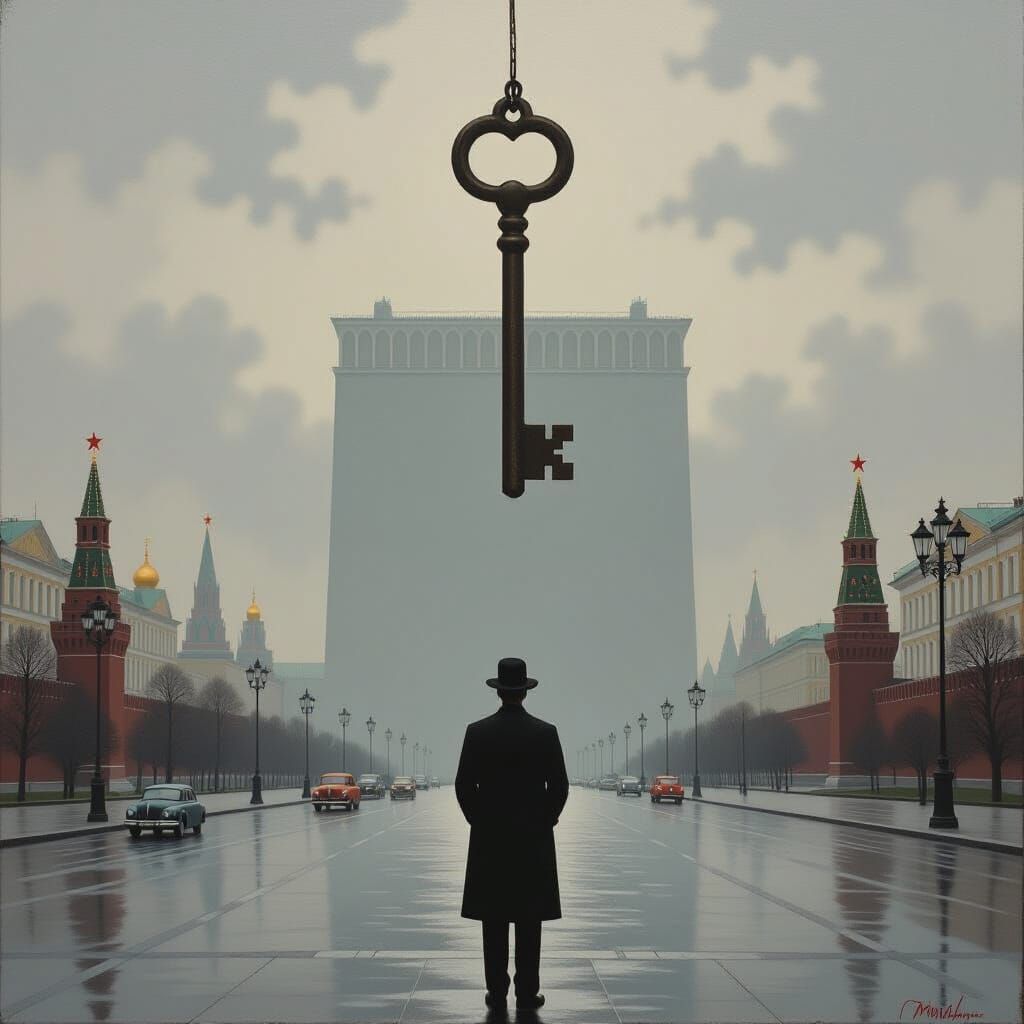 Surreal Soviet Moscow Oil Painting with Lone Figure