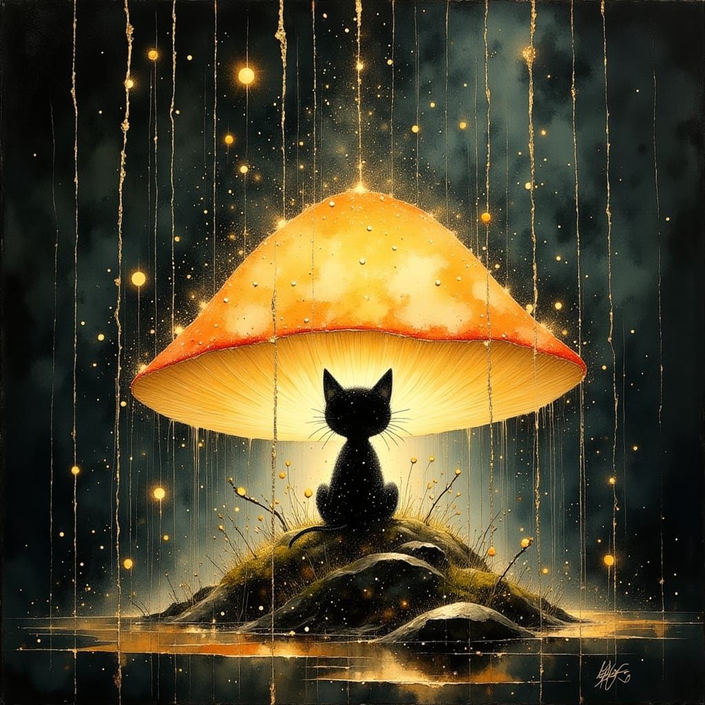 Whimsical Kitten Under Glowing Mushroom