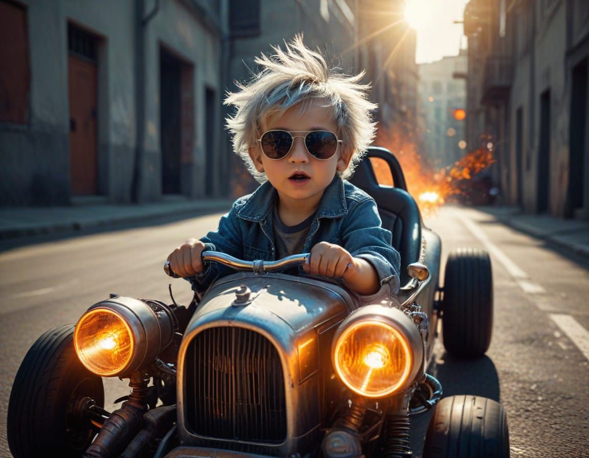 Boy in Hot Rod with Futuristic Engine, Digital Art