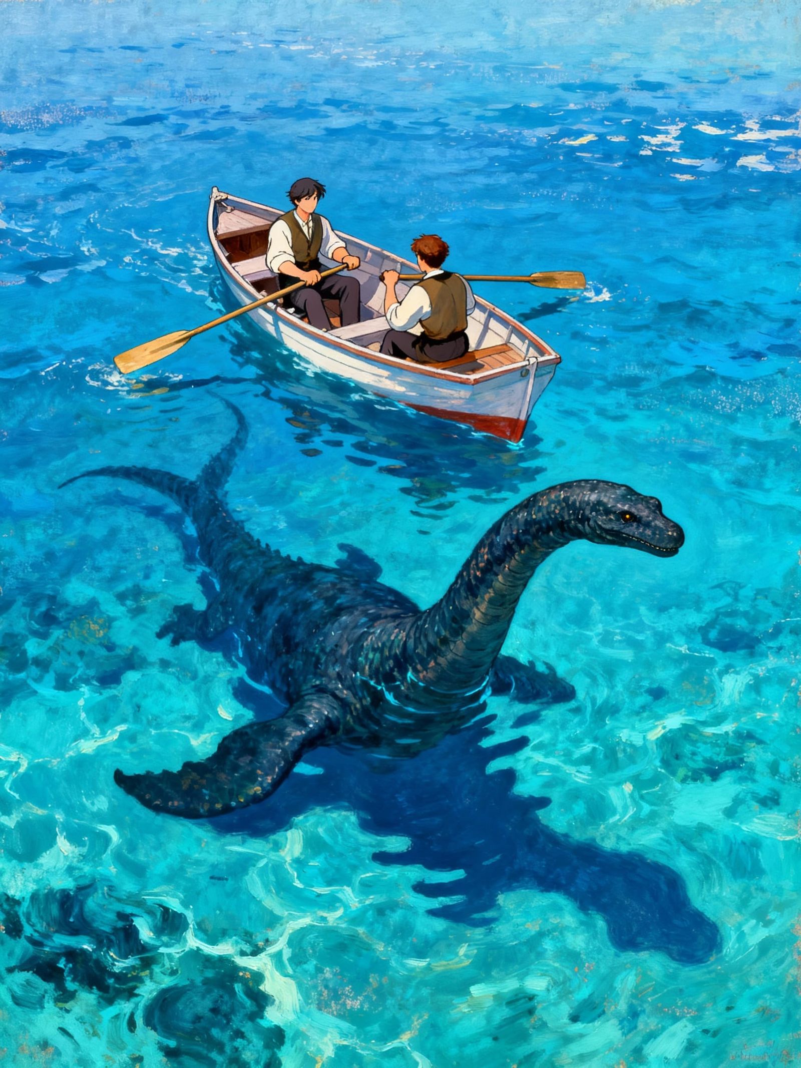 Anime Style Ocean Scene With Loch Ness Monster