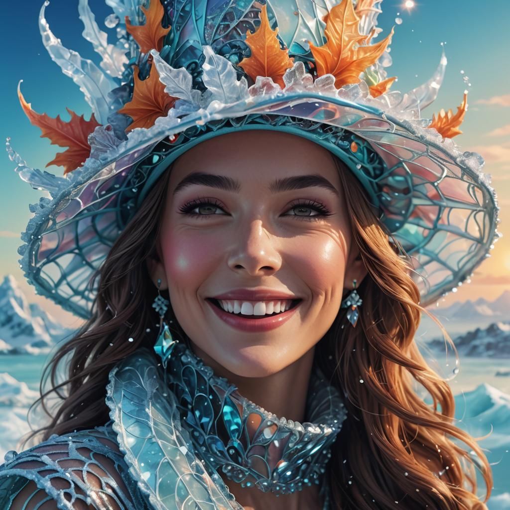 Laughing Woman with Glowing Fantasy Hat in Winter