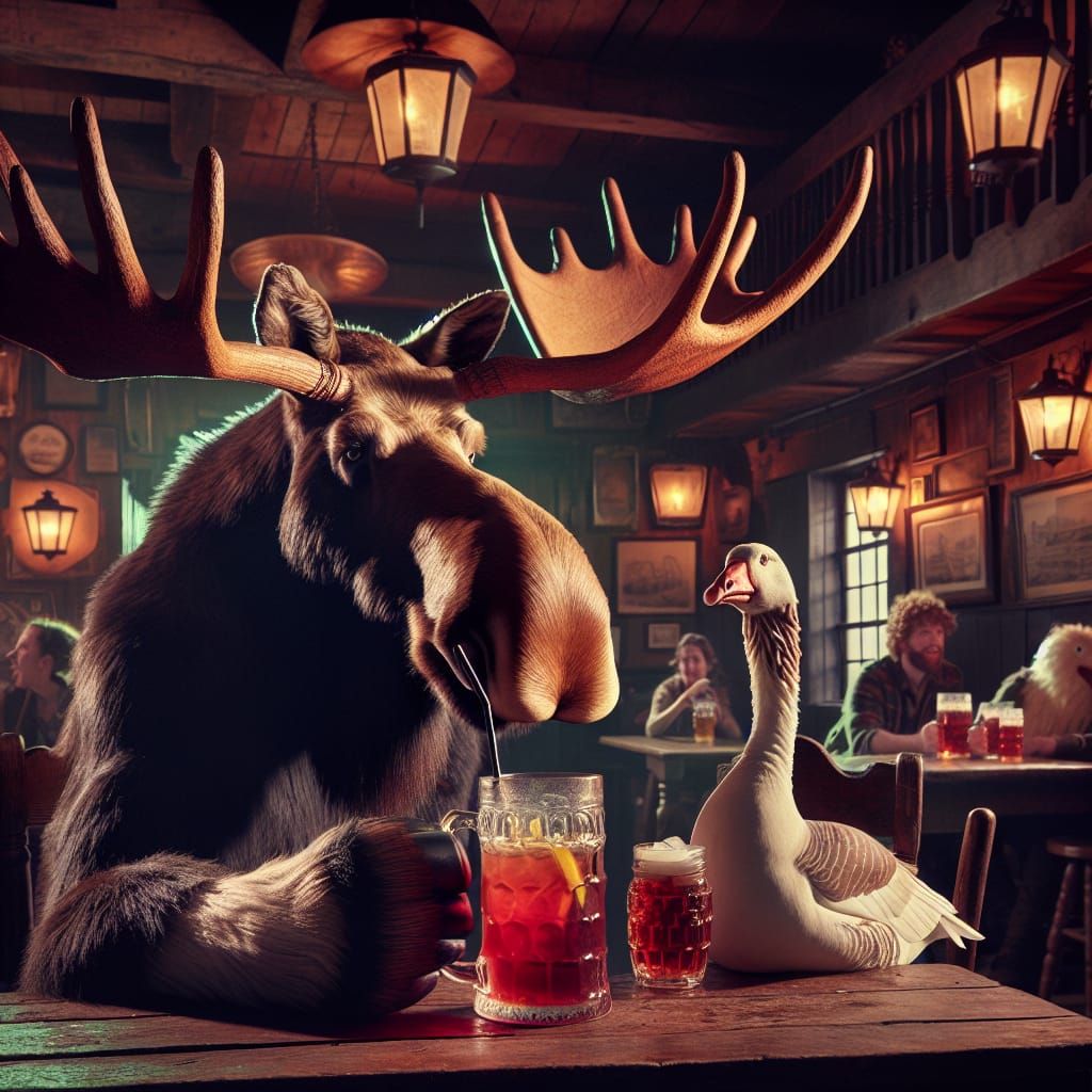Moose and Goose Share Juice in Irish Pub