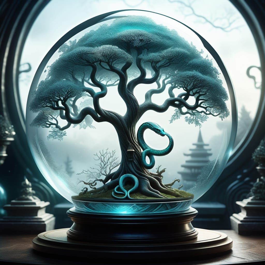 Mystical Snake Tree with Aquamarine Leaves in Snow Globe