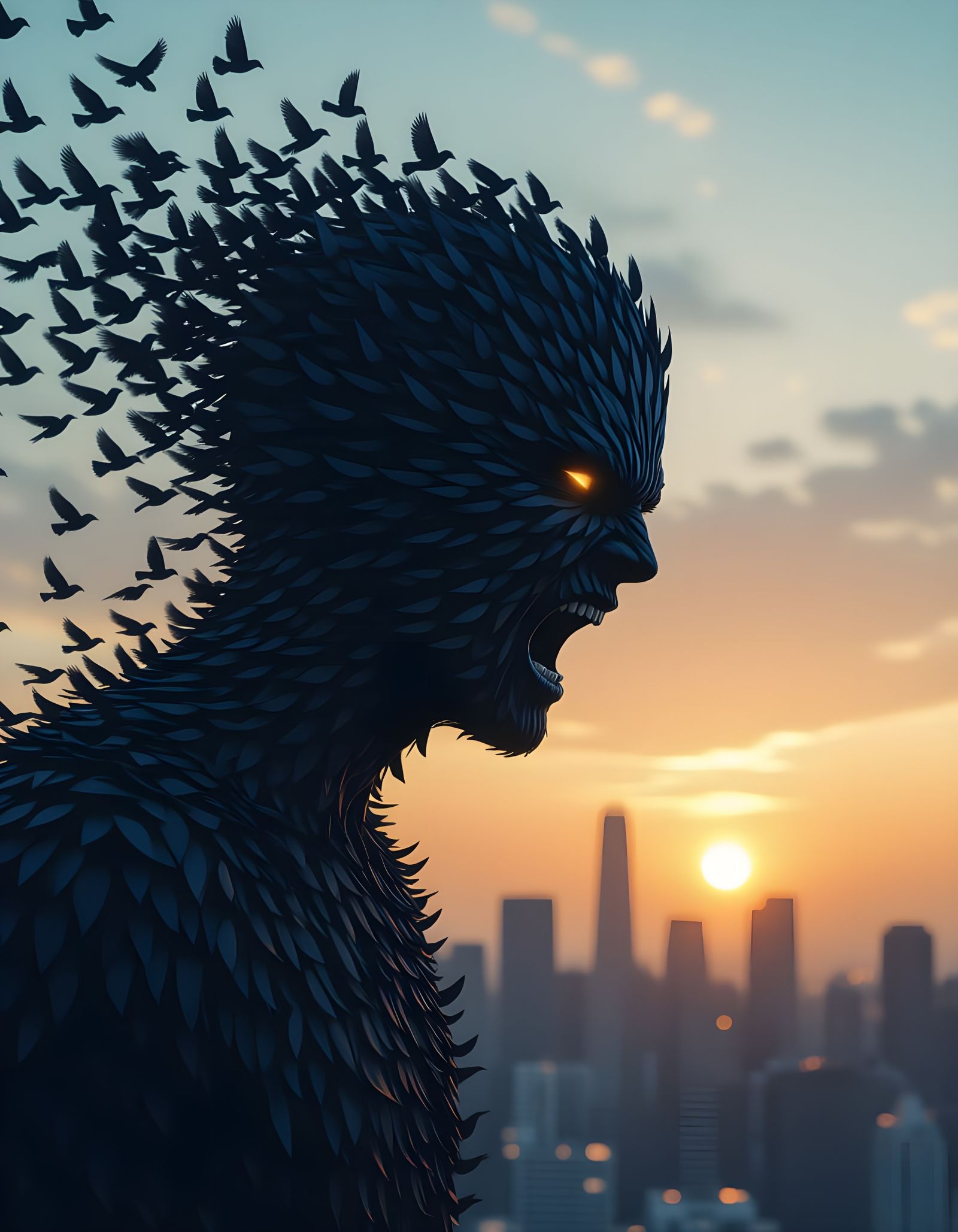 Surreal Bird Figure over Futuristic Cityscape