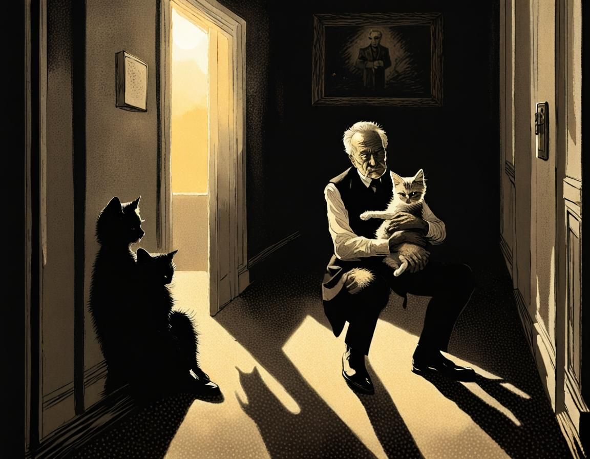 Sinister Minister with Kitten: Pointillist Chiaroscuro