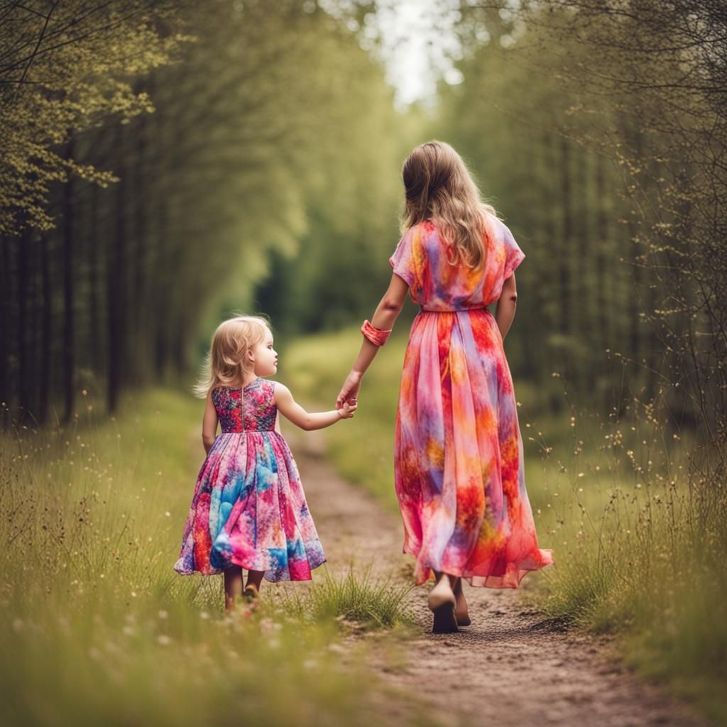 Mother and Daughter in Nature with Colorful Dresses