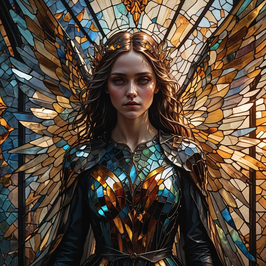 Winged Woman Emerges from Stained Glass Art