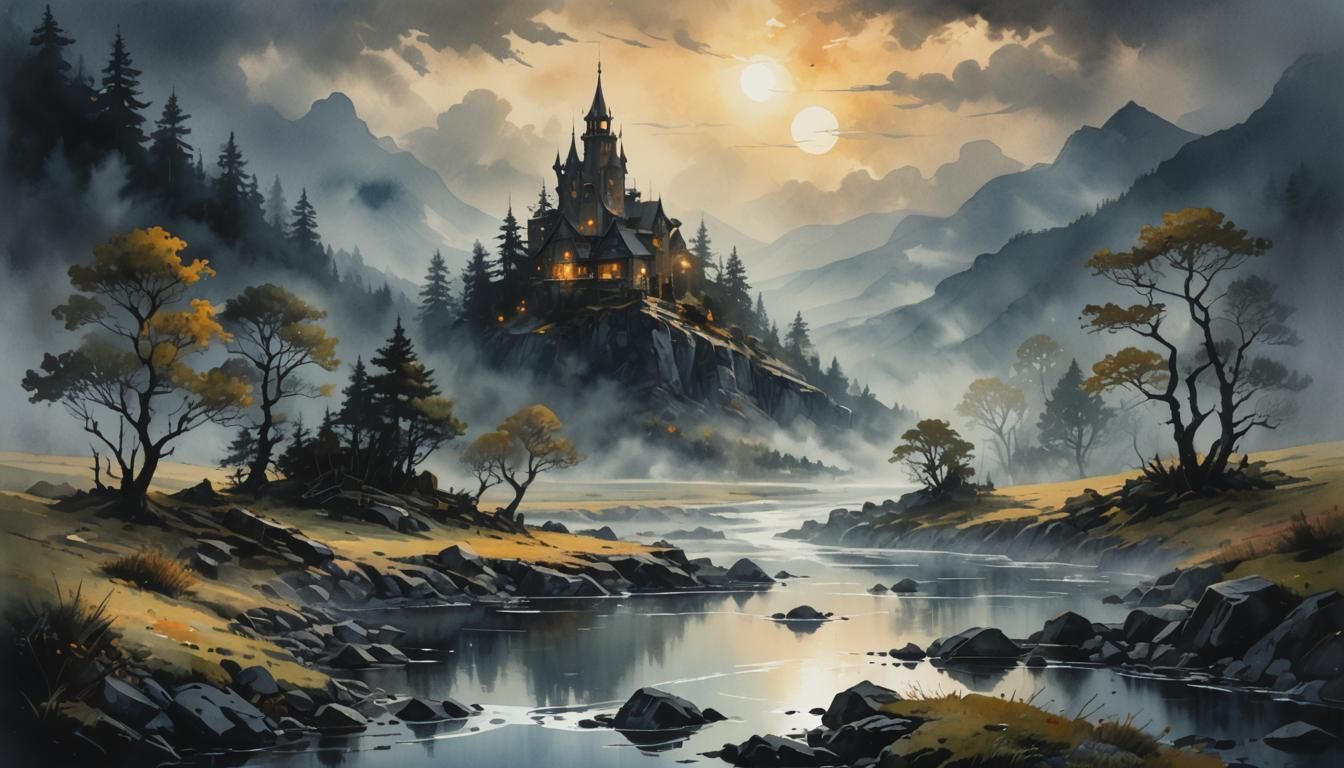 Create a serene scene in a perfect misty landscape style Dar...