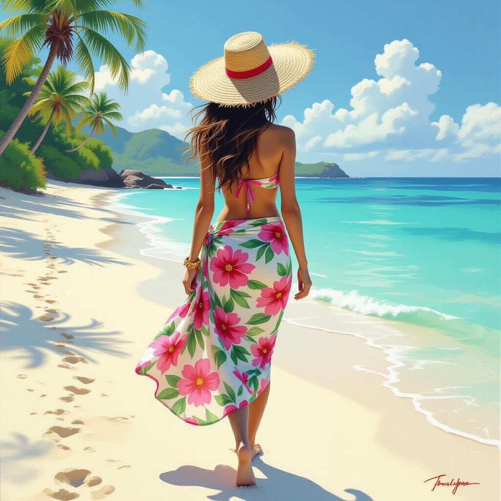 Elf on Beach in Floral Sarong, Fantasy Art
