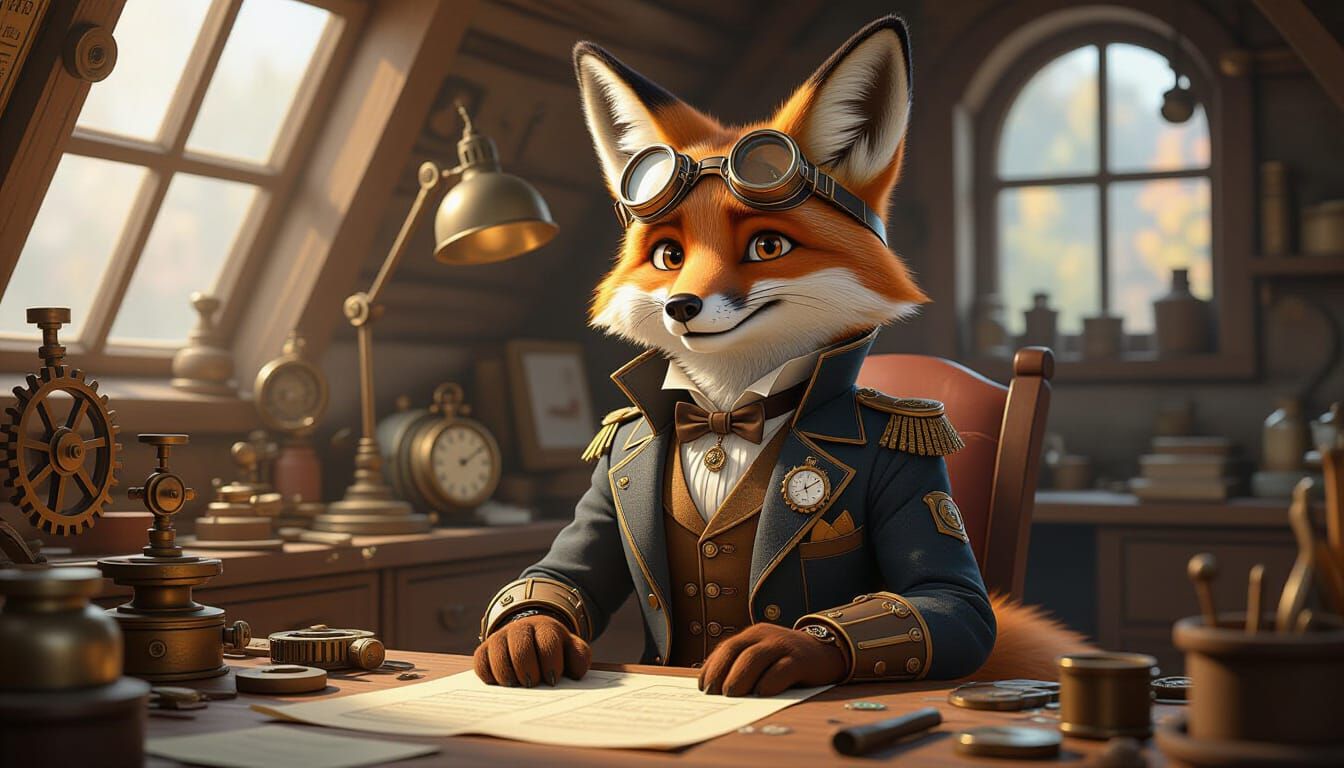 Steampunk Fox Inventor in Cozy Workshop