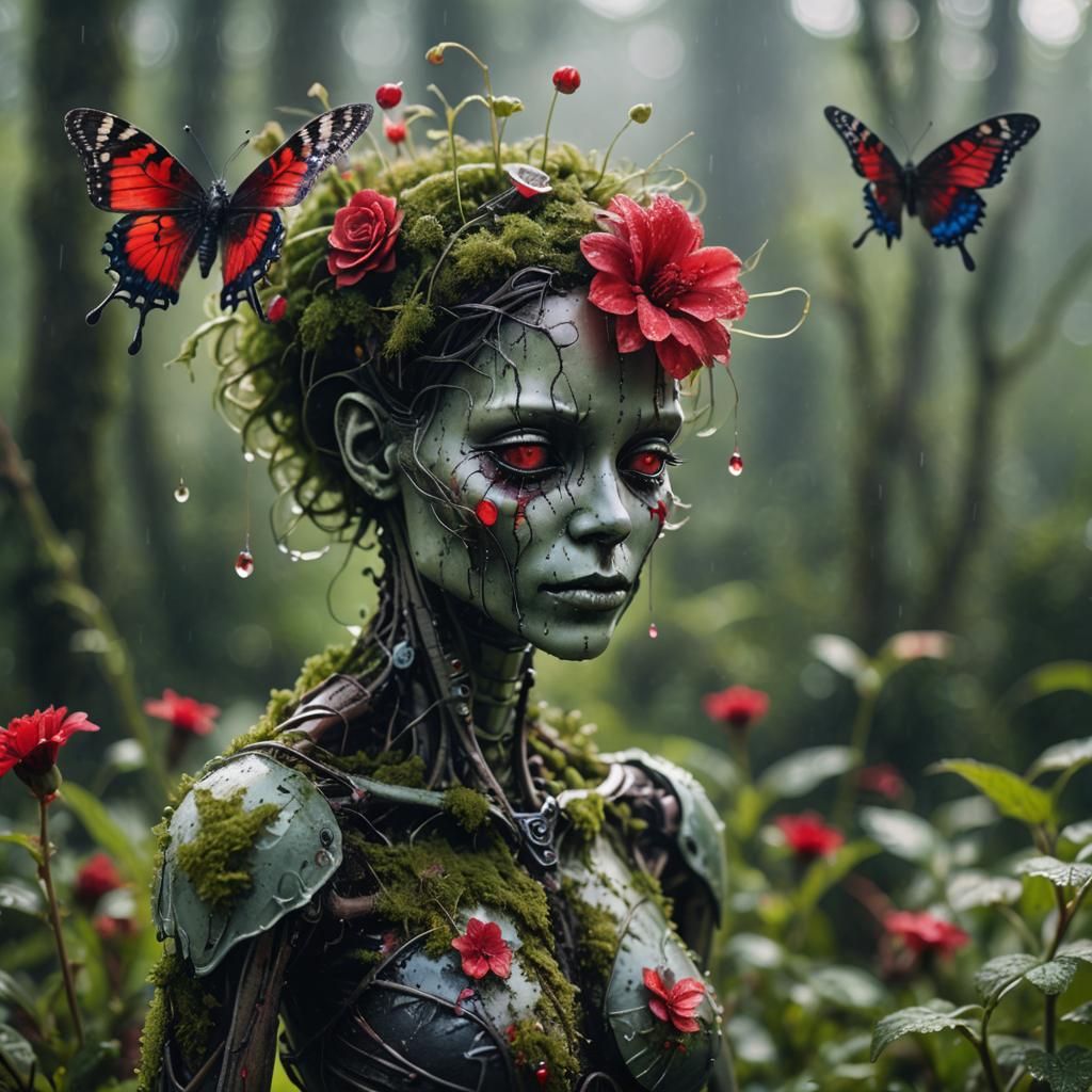 Macro Photo of Damaged Humanoid with Red Flower