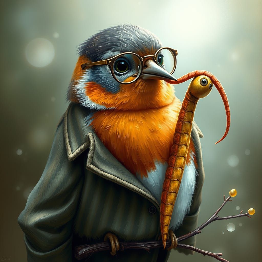 Robin with Rainworm in Whimsical, Detailed Style