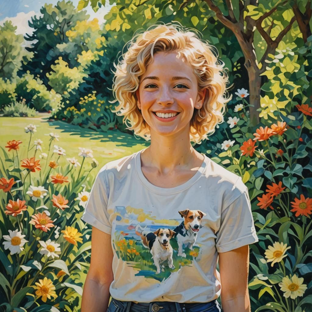 Impressionist Woman in Garden with Jack Russell