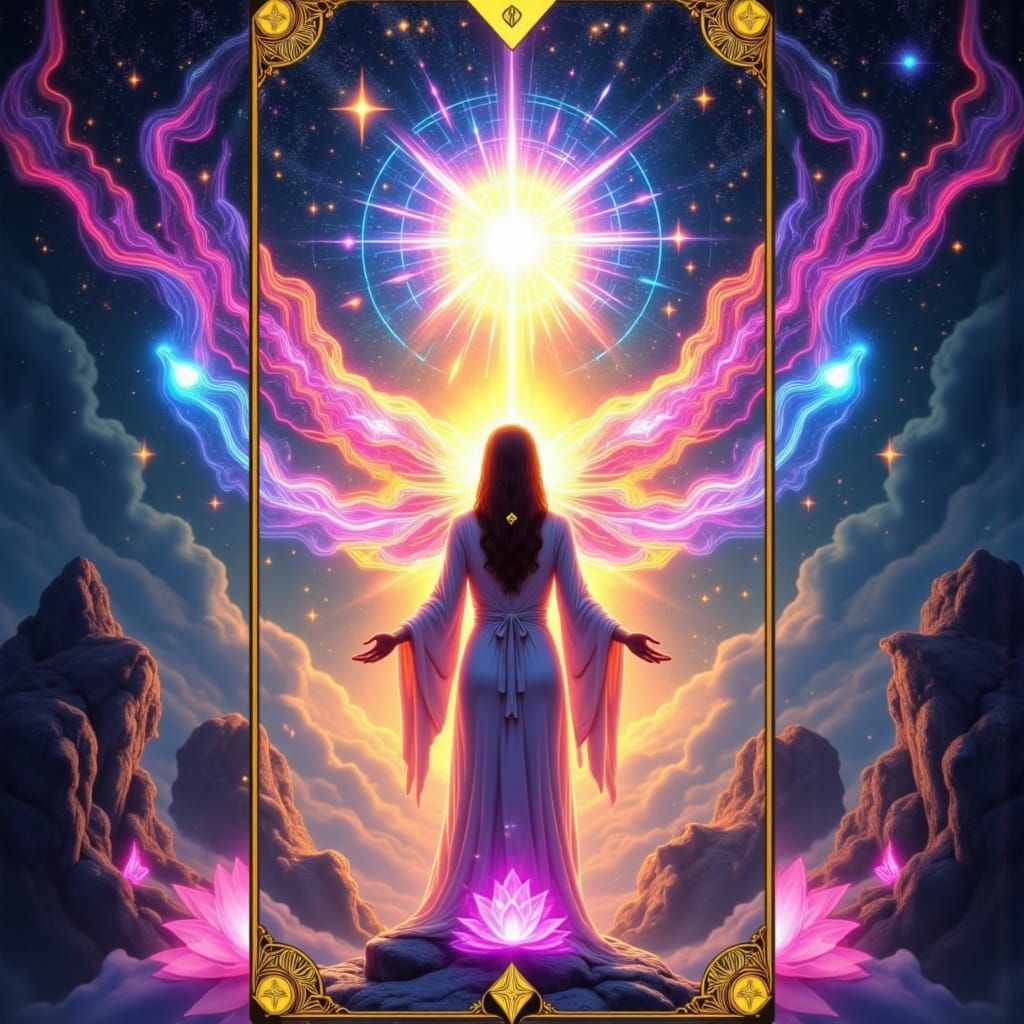 Radiant Figure Channels Cosmic Energy in Surreal Scene