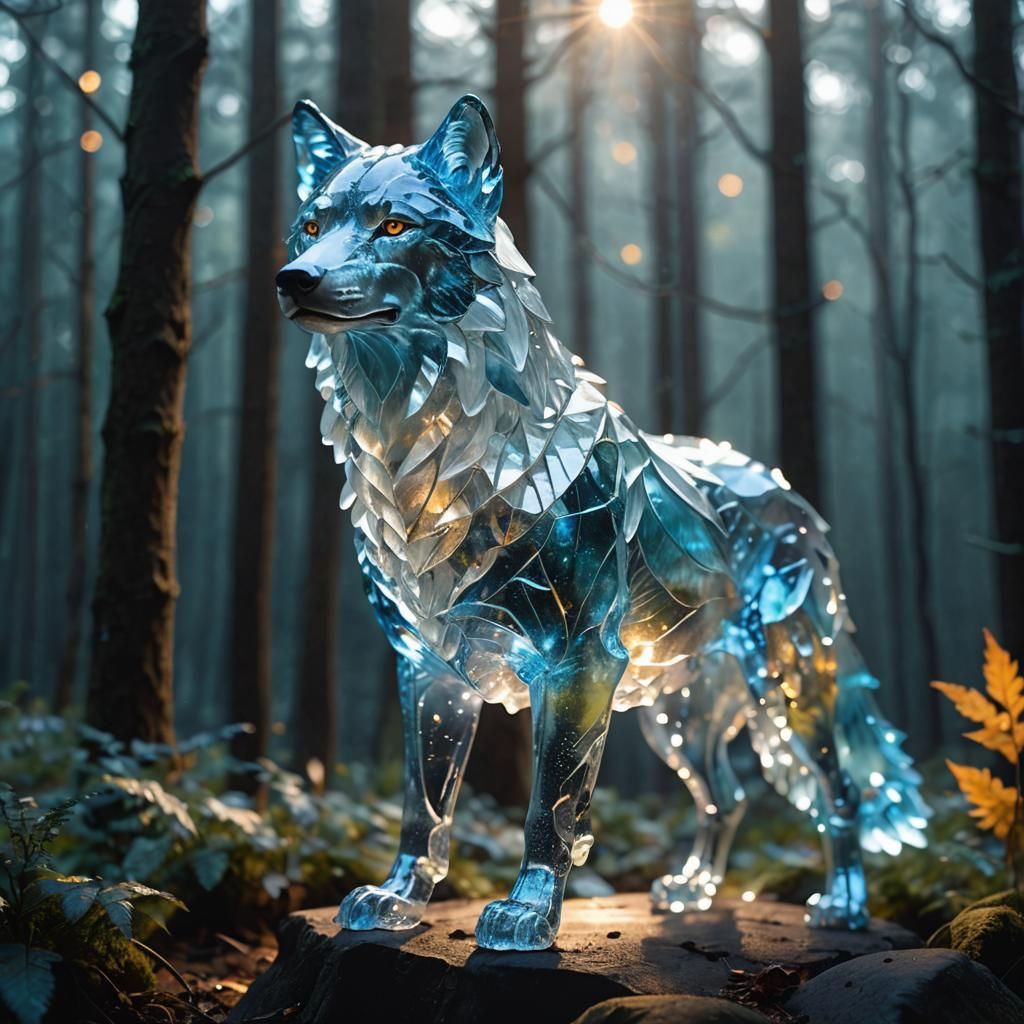 Glass Wolf Sculpture in Misty Forest