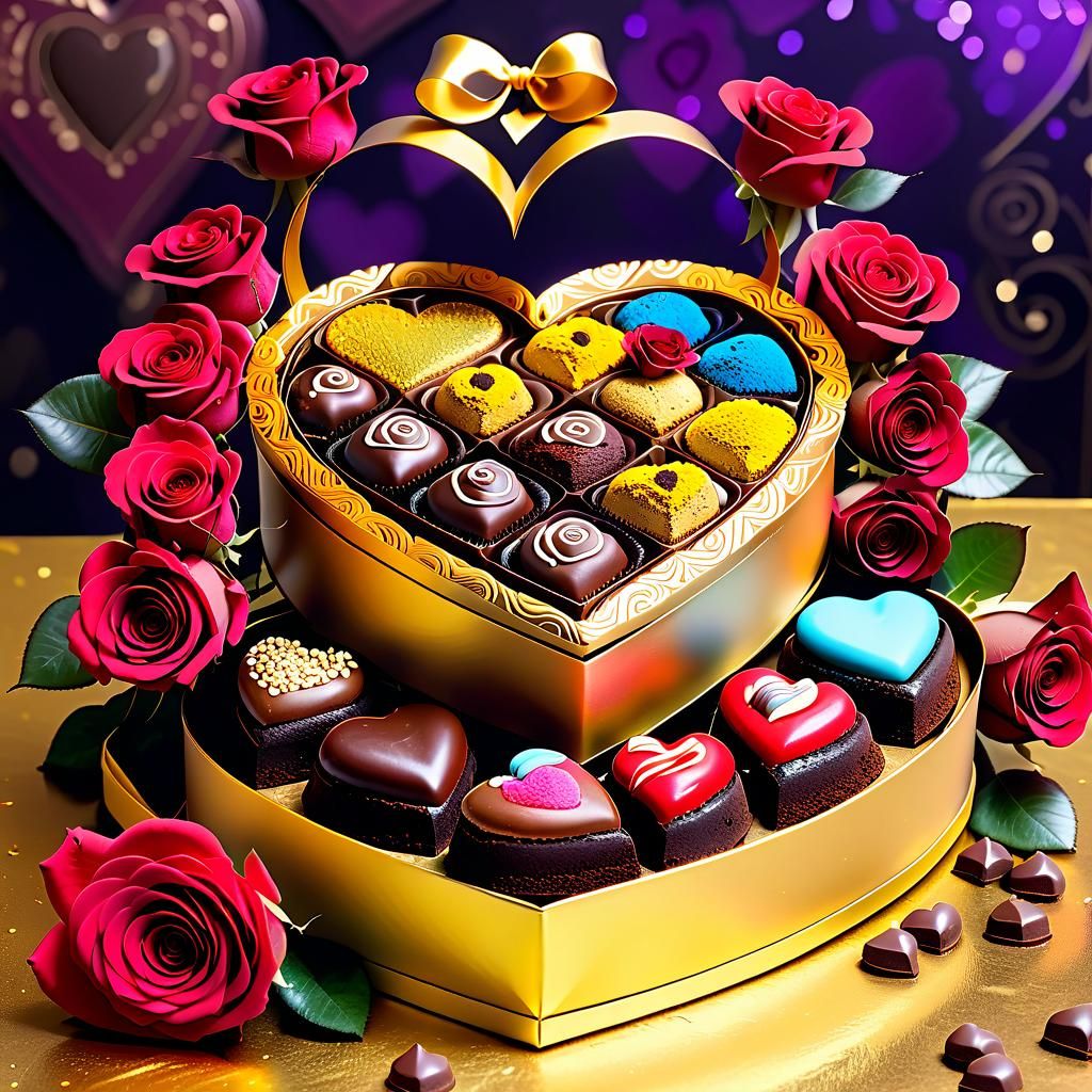 Romantic Chocolate Fantasy in Heart-Shaped Golden Box