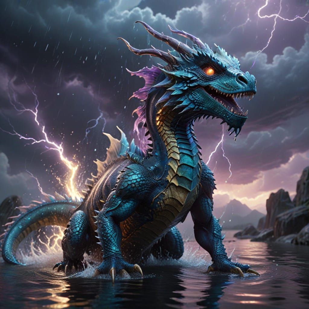 Hyper-Realistic Water Dragon in Iridescent Sky