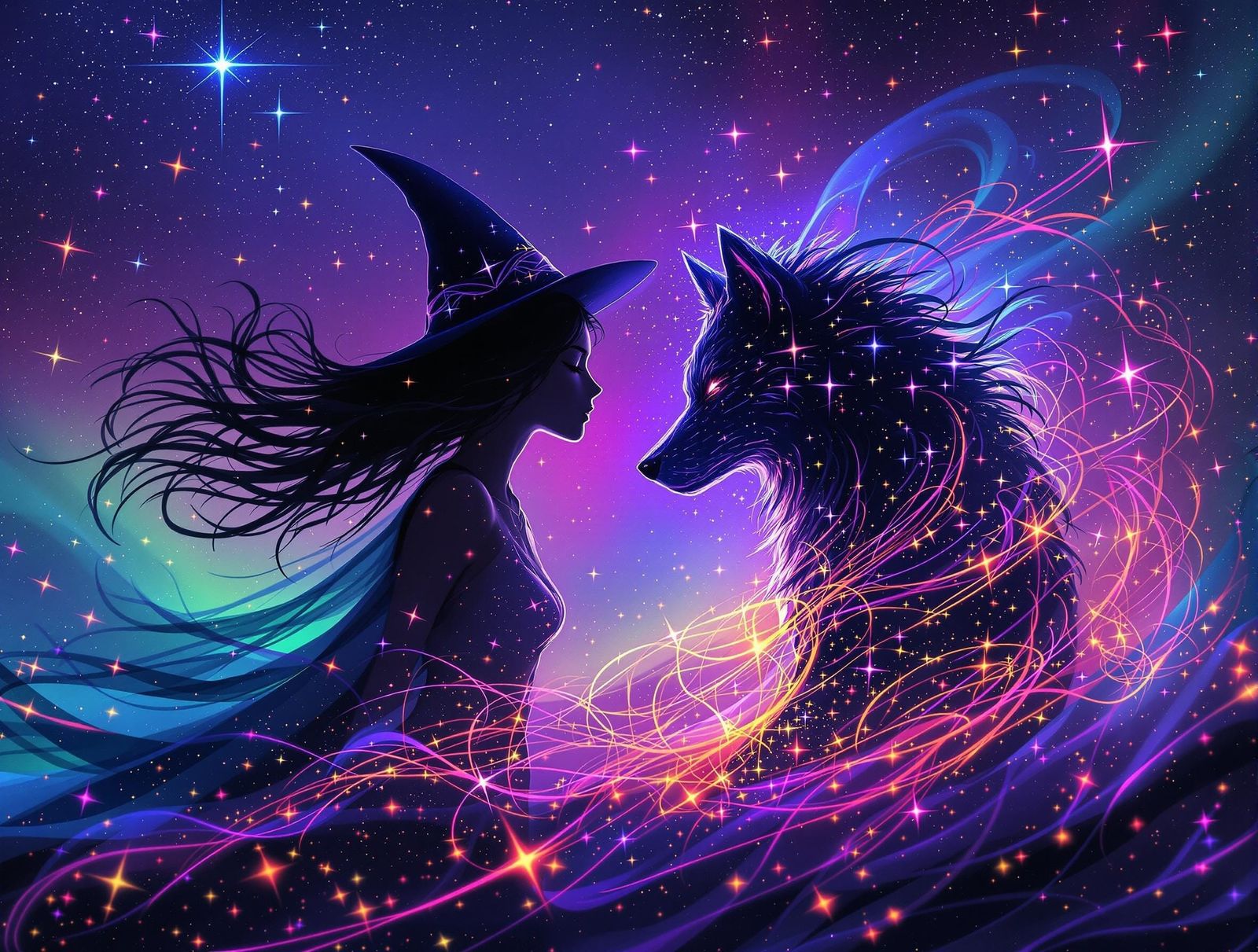 Psychedelic Witch and Wolf in Aurora Borealis
