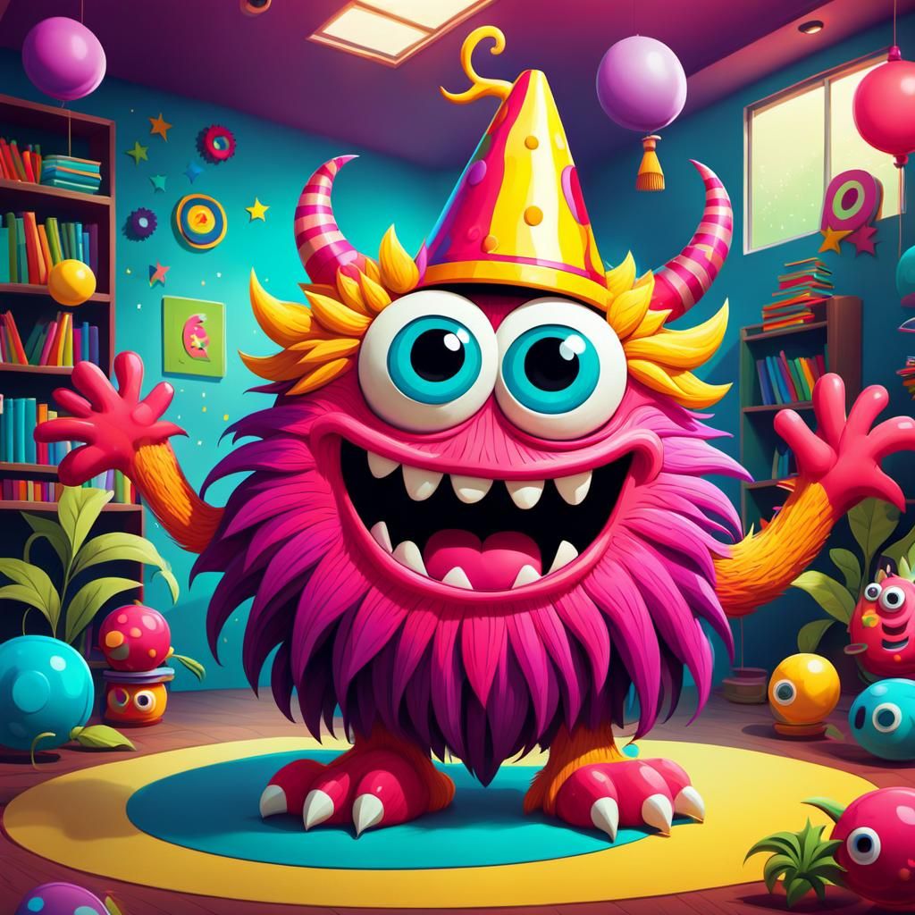 Happy Yellow Cartoon Monster Wears Spinning Party Hat