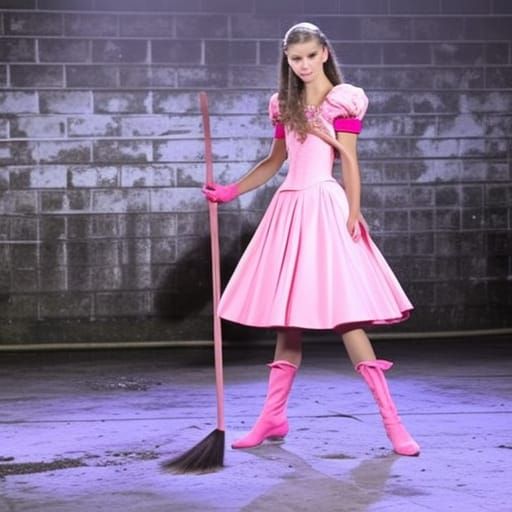 Princess with a broom in a dungeon posing for a picture