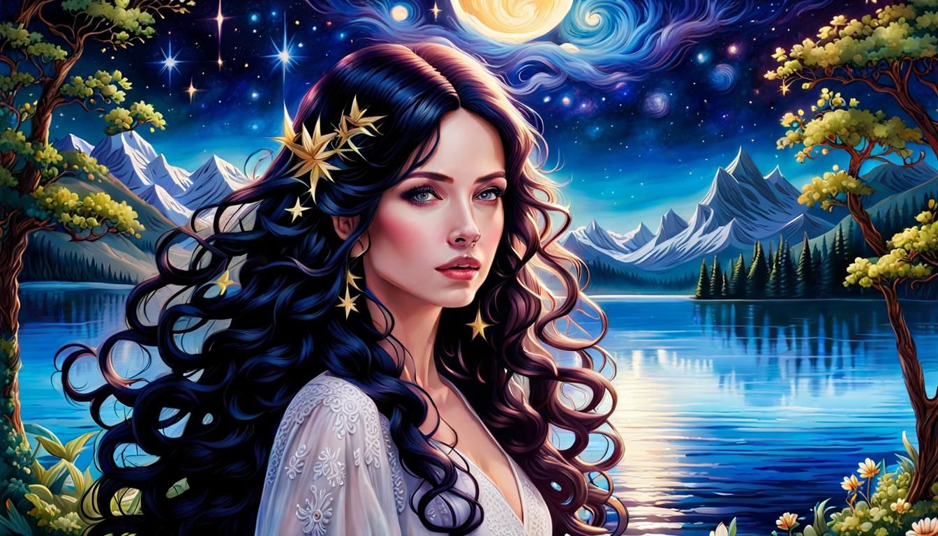 Starry Night Portrait in Gouache Impasto Style