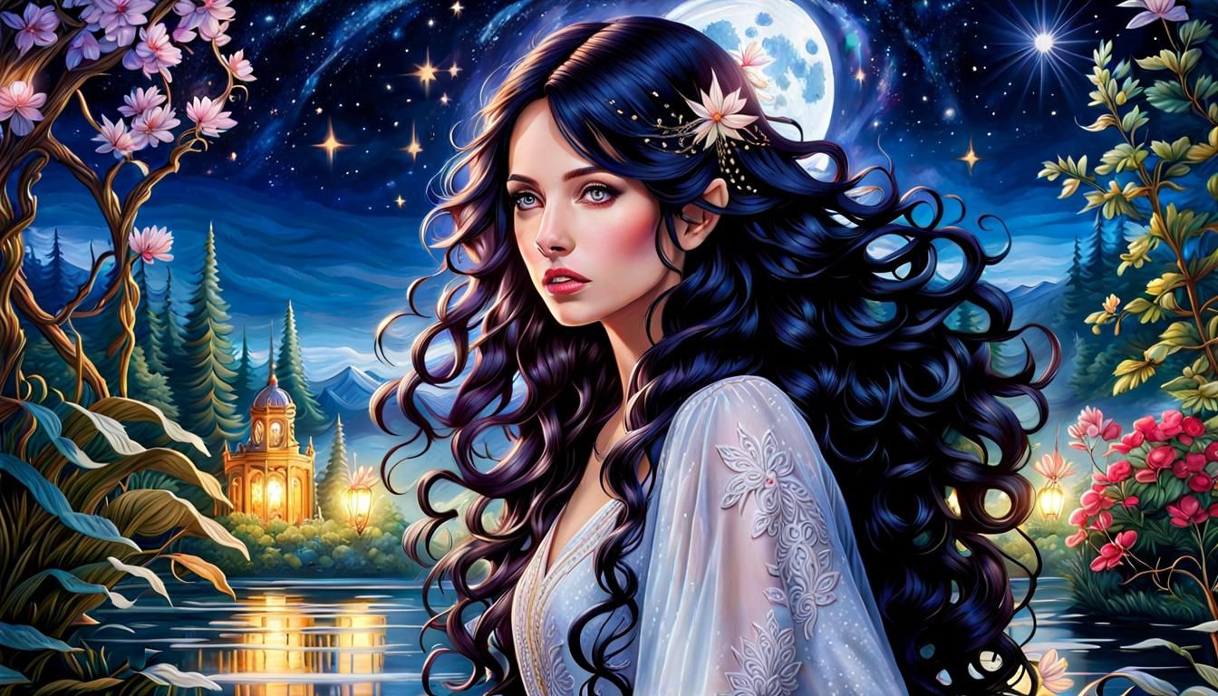 Starry Night Portrait in Gouache Watercolor Style