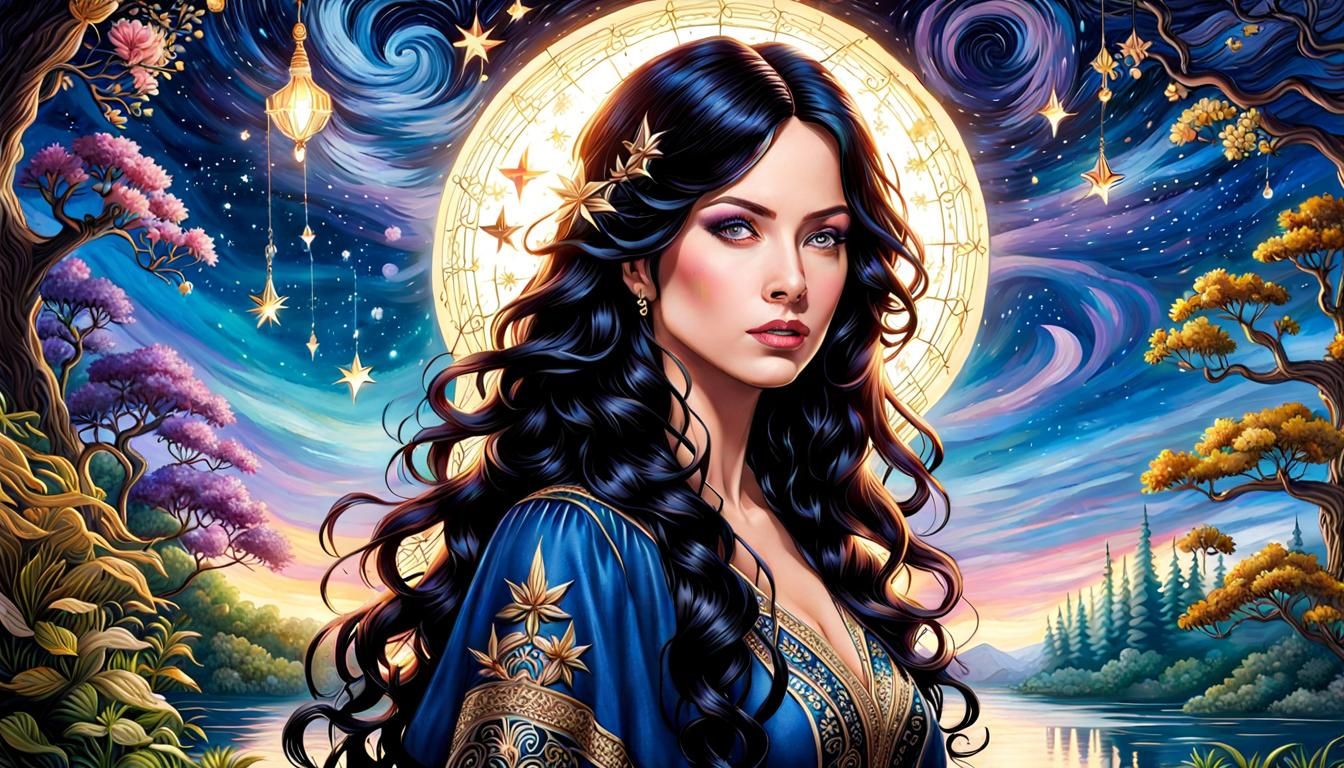 Starry Night Portrait in Gouache Style by Klimt