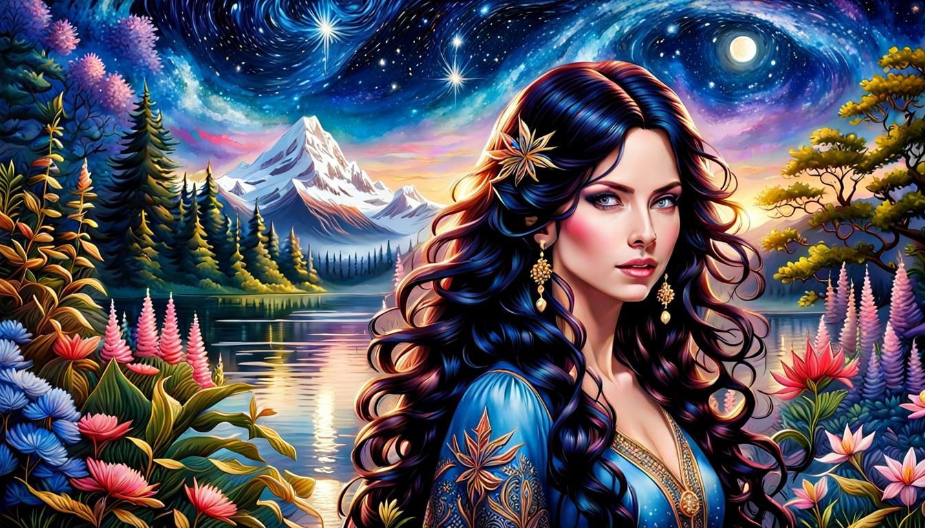 Starry Night Enchanted Portrait in Gouache Impasto Style