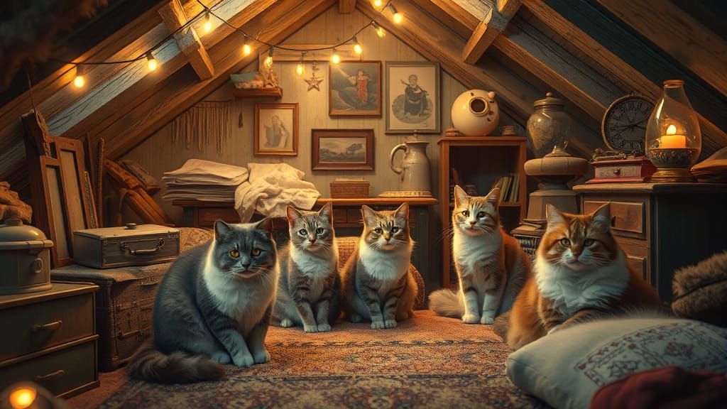 Cozy Attic Cats with String Lights Digital Art