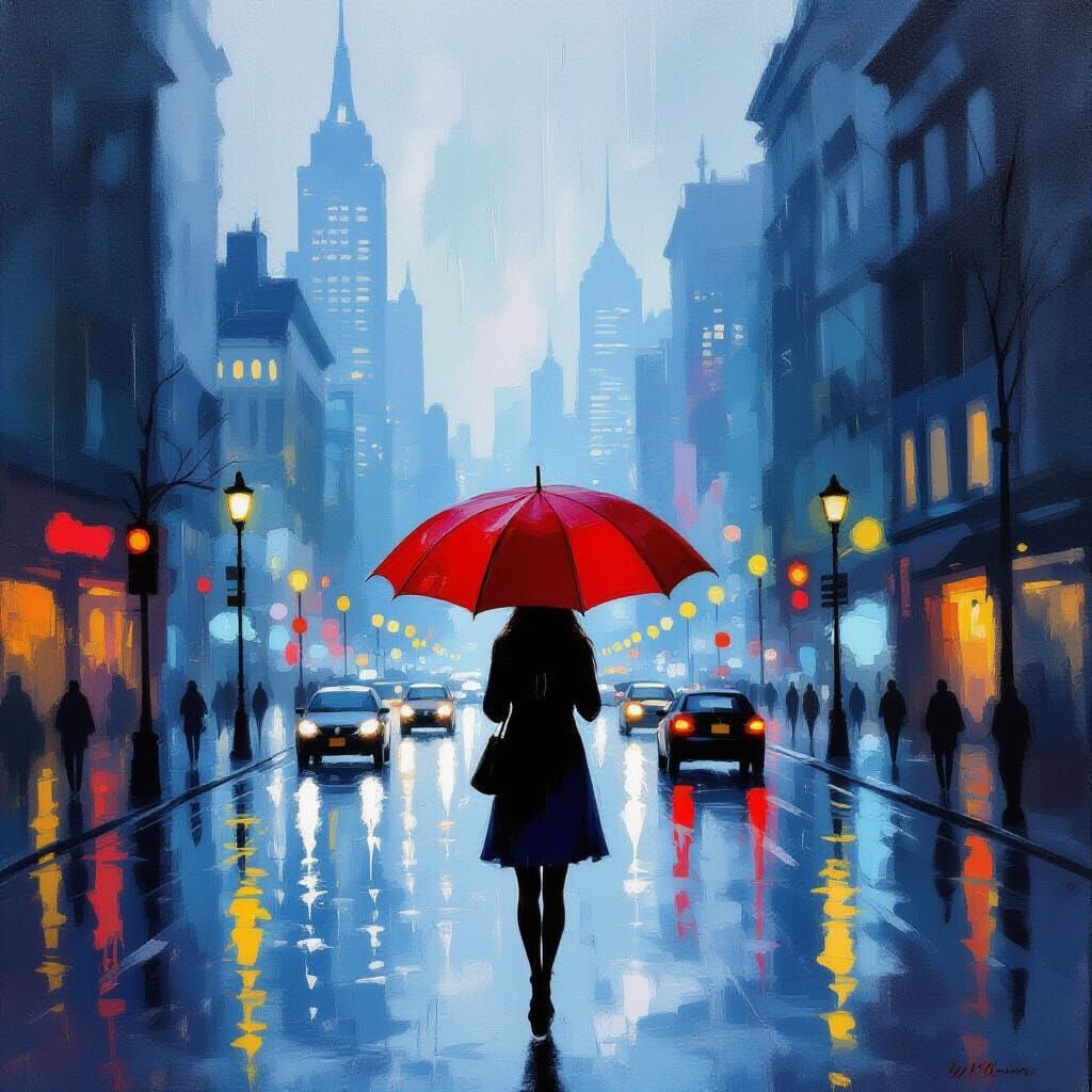 Woman with Red Umbrella in Rainy Cityscape