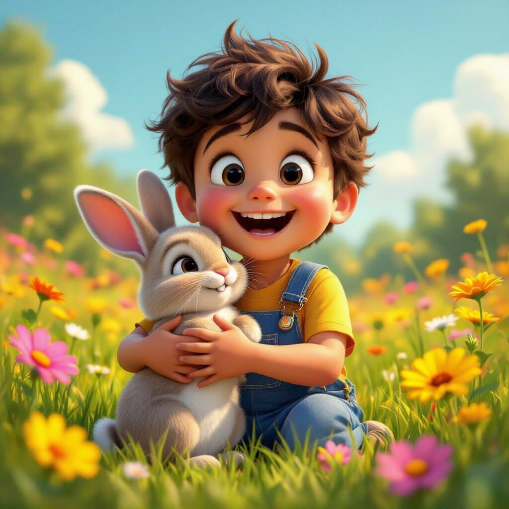 Excited Boy Holds Bunny in Sunny Meadow, Pixar Style