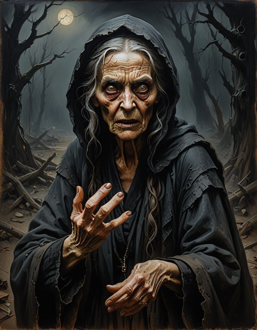 Ancient Hag Reaches Out in Old Master Oil Painting Style