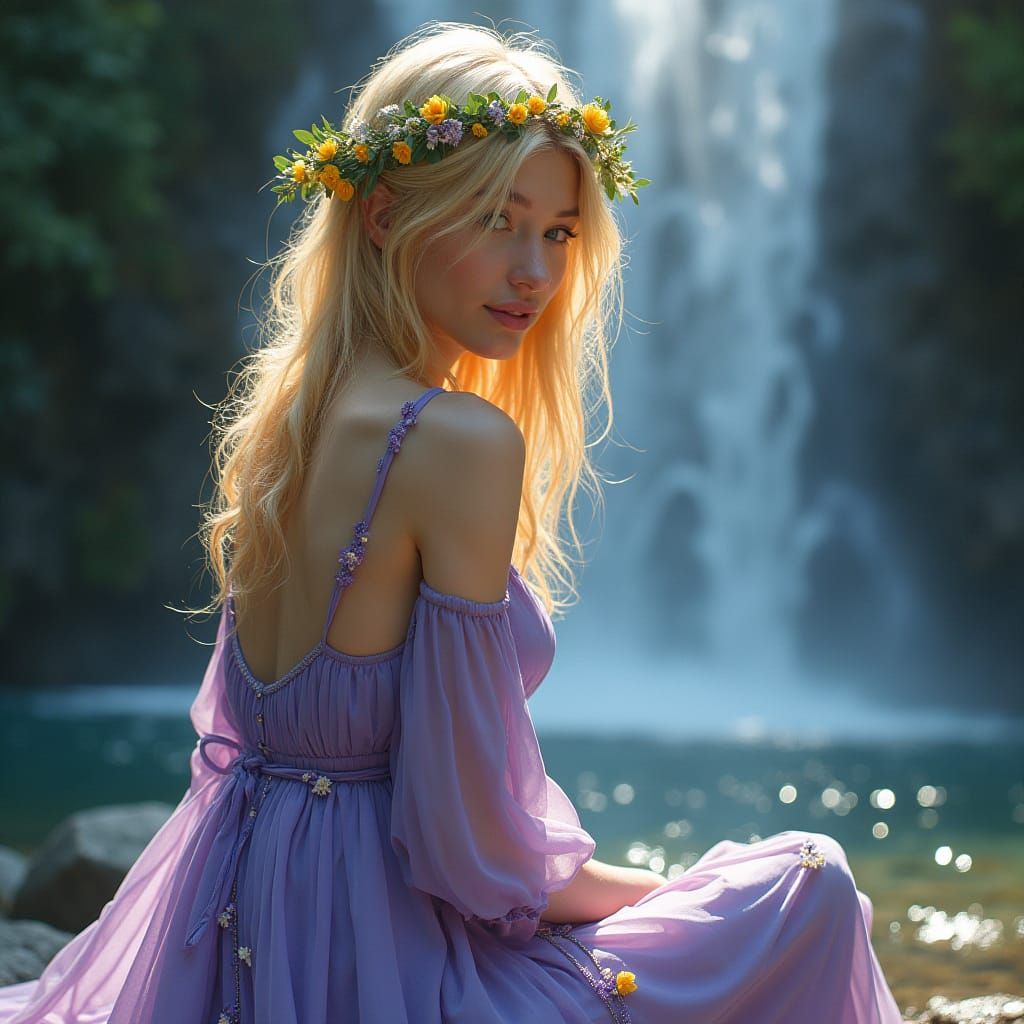Woman with Wildflowers by Waterfall in Hyperrealism