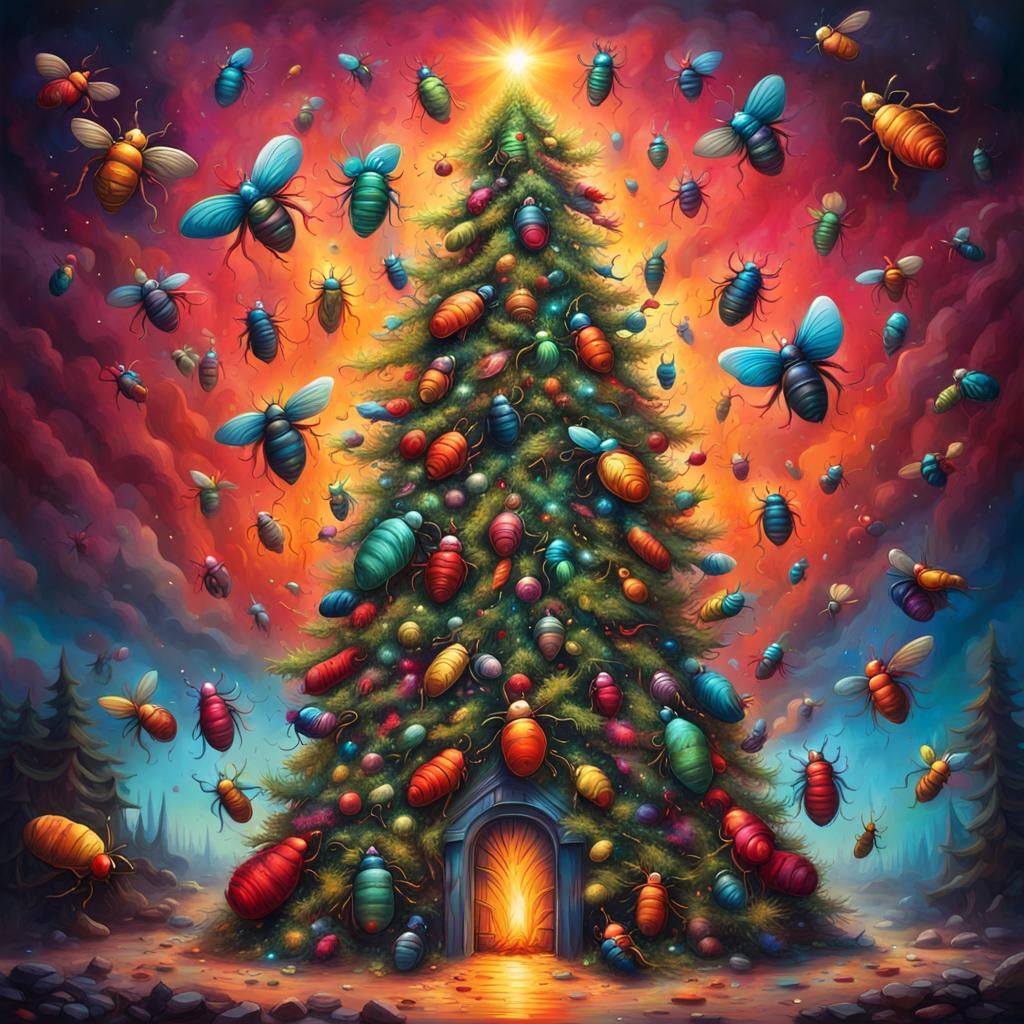 Surreal Christmas Tree with Insects in Graffiti Art