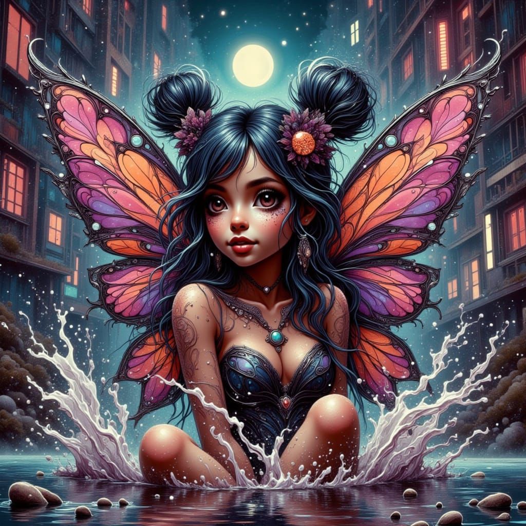 Mocha Fairy Splashing in an Urbanpunk Street