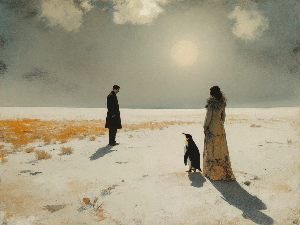 Penguin in a Metaphysical Gobi Desert Landscape