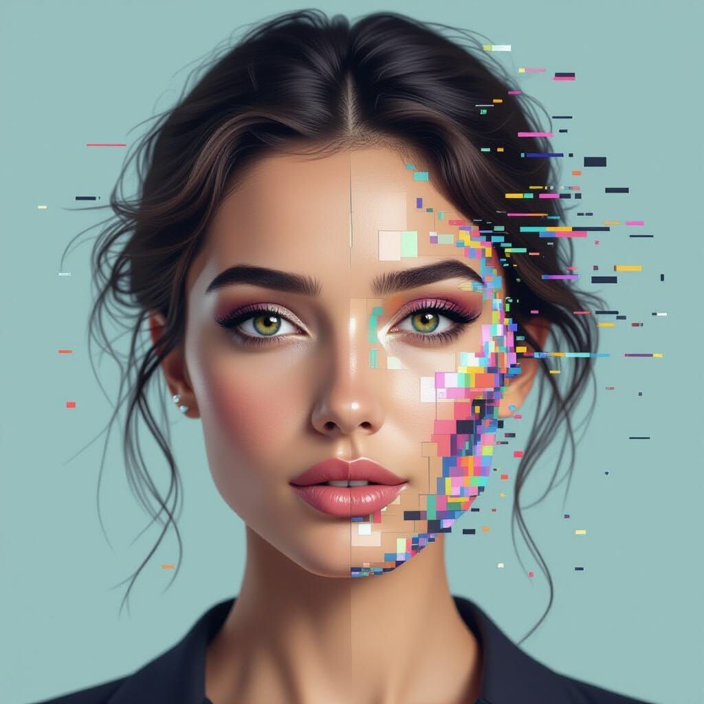 Digital Pixel Portrait: Glitch Art Meets Serene Beauty