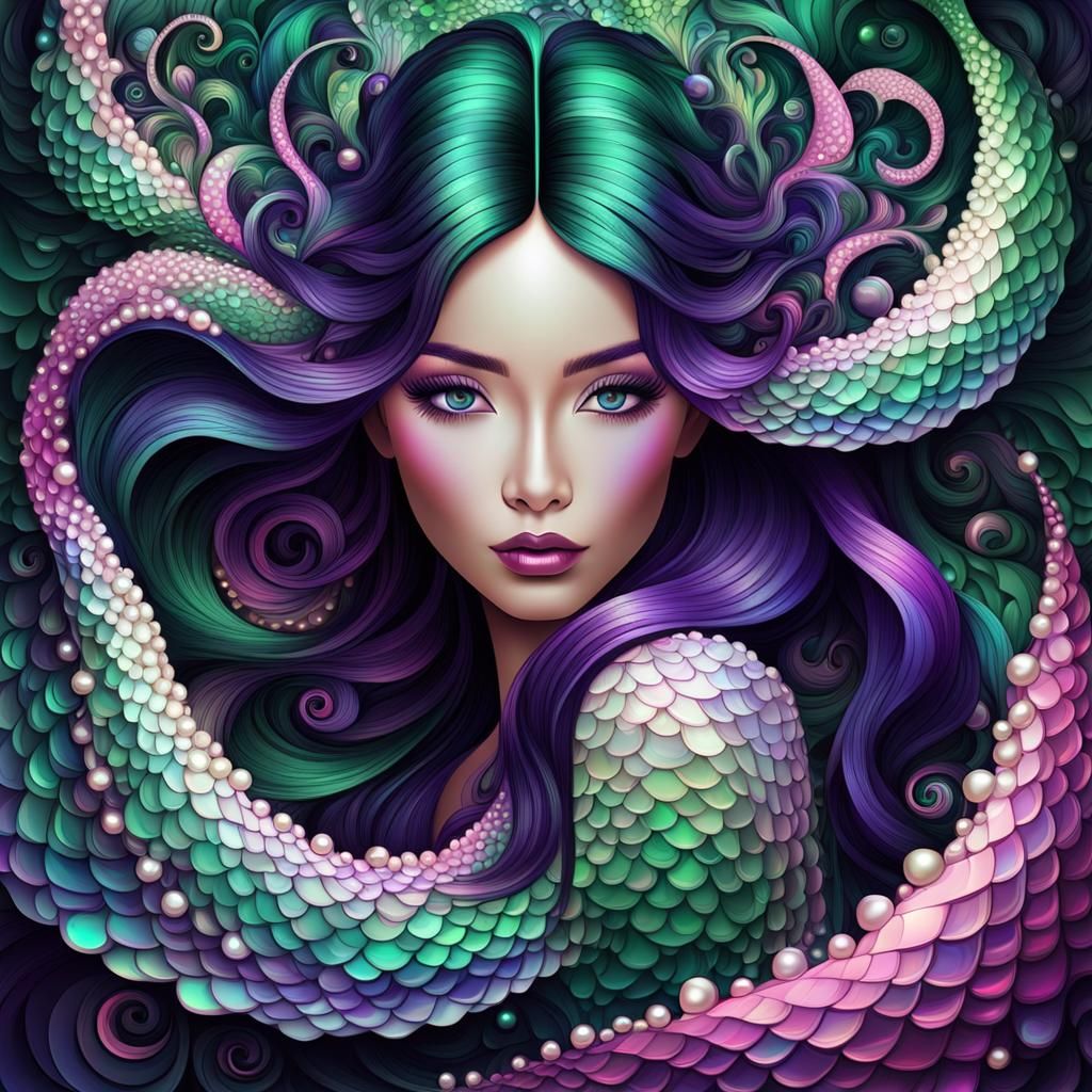 Asian Mermaid with Emerald Scales and Pearls