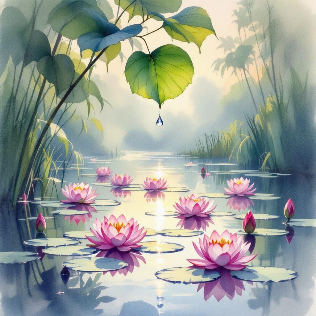 Emerald Leaf Dewdrop over Lotus Pond: Impressionism