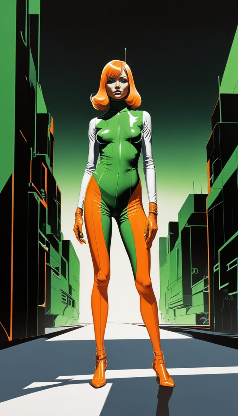 Vintage Sci-Fi Woman in 1970s Op Art Catsuit