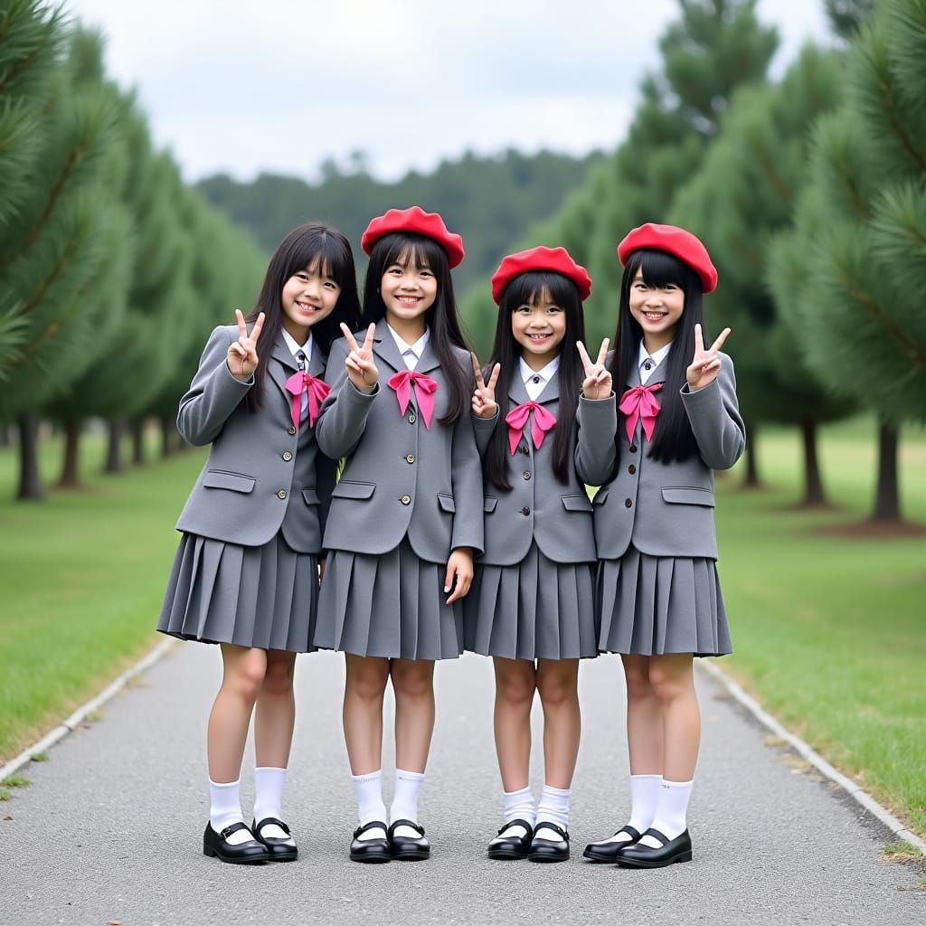 Japanese Schoolgirls in Park - Cheerful Photo