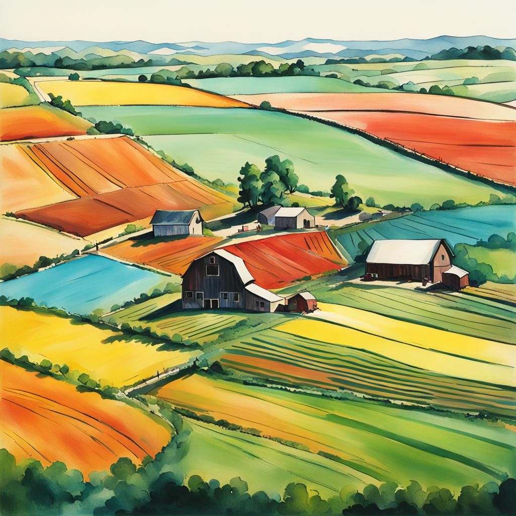 Watercolor Farm: Colorful Fields in Rural Landscape