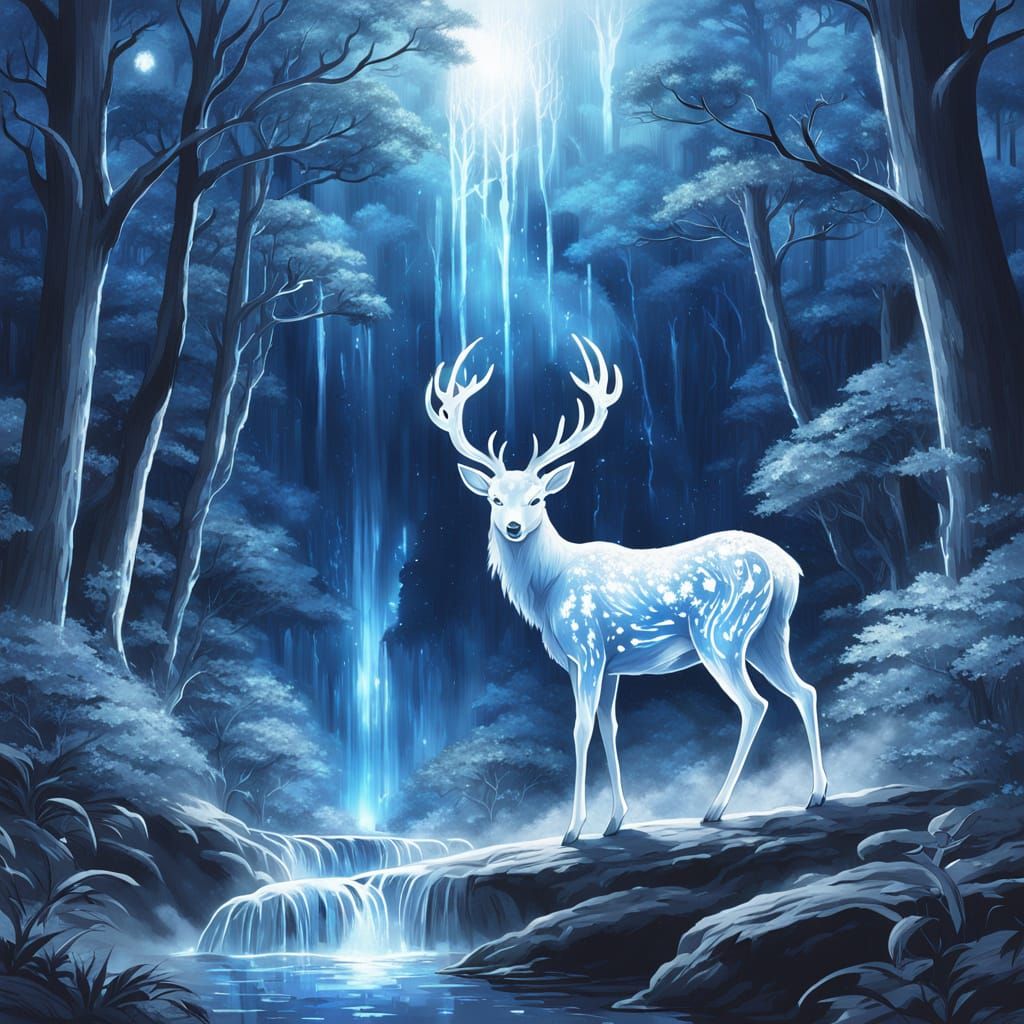 Bioluminescent Forest with White Deer Patronus in Anime Styl...