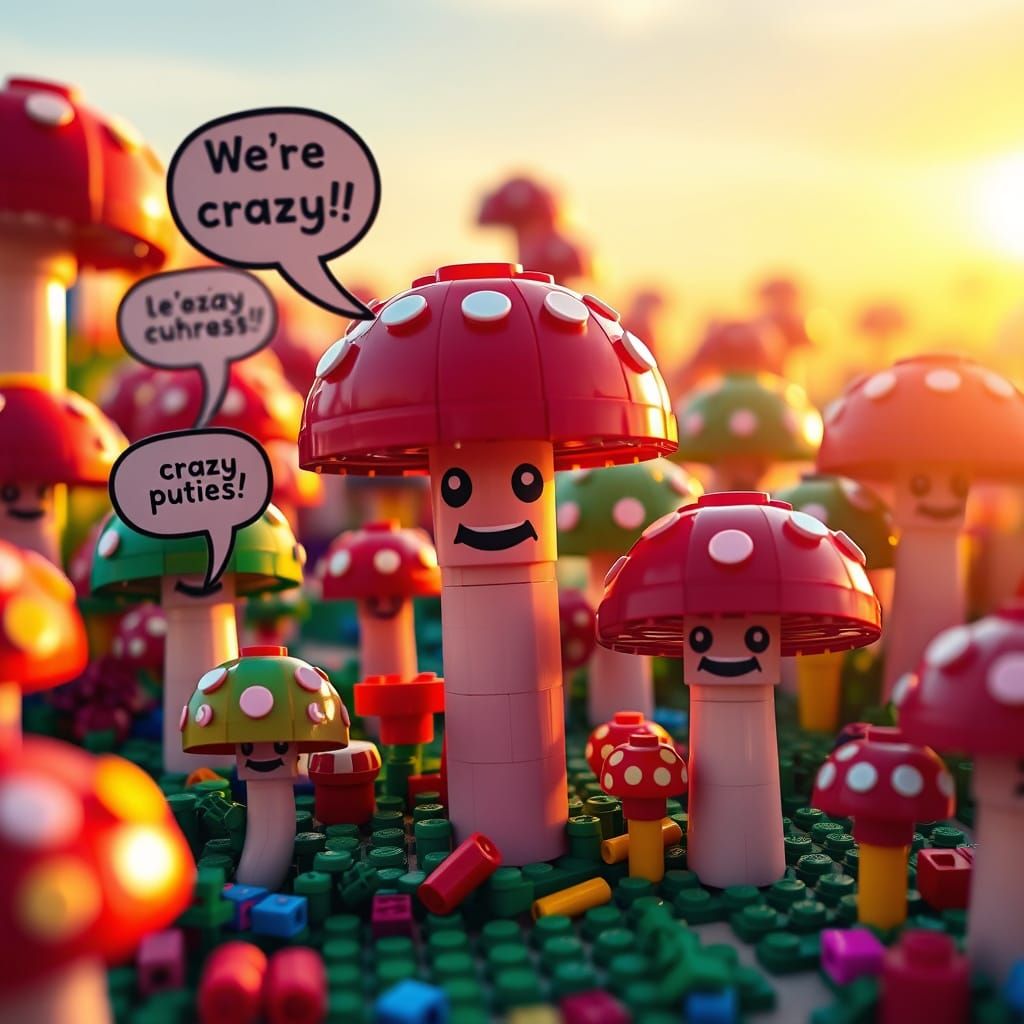 Whimsical Lego Mushrooms in Surreal Diorama