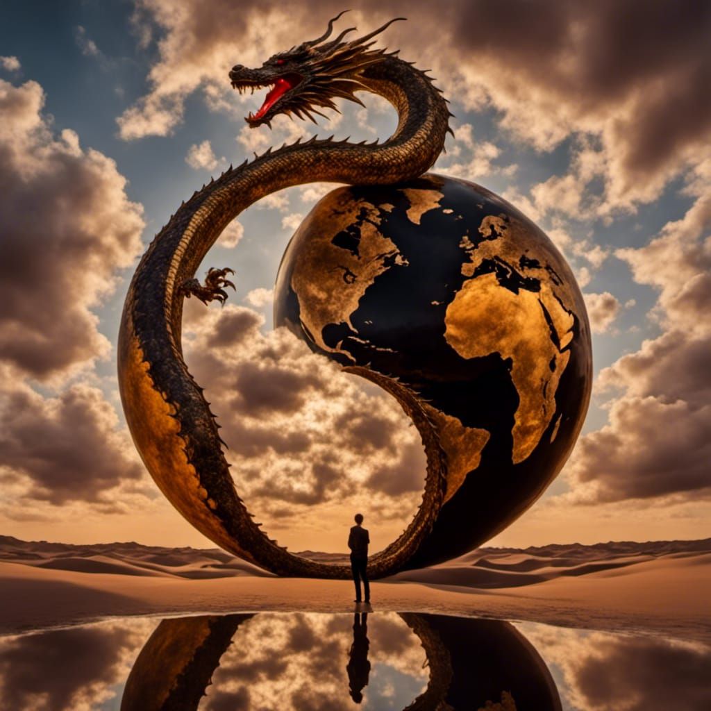 Dragon Yin Yang Sphere in Banksy Surrealist Style