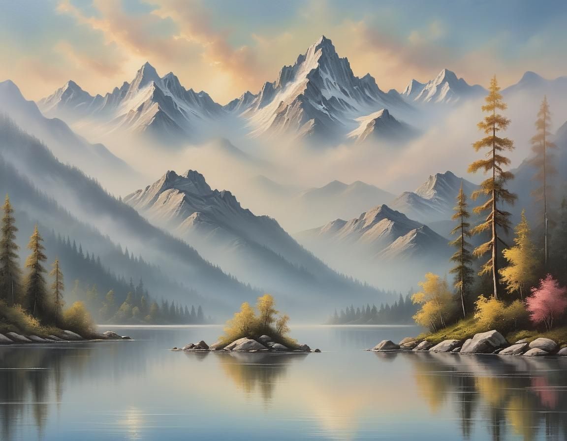 Serene Mountain Landscape in Impressionistic Style