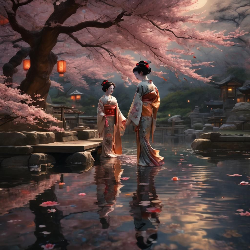 Geisha Dancing Under Moonlit Cherry Trees