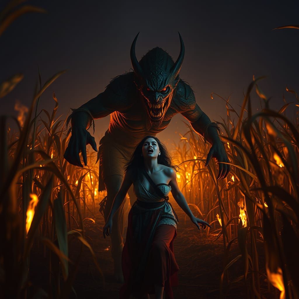 Ferocious Horror Character Attacks Woman in Burning Field